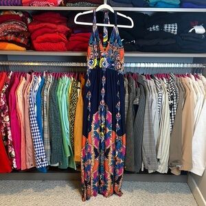 Snap navy/orange/multicolor print halter neck padded bust backless maxi dress M